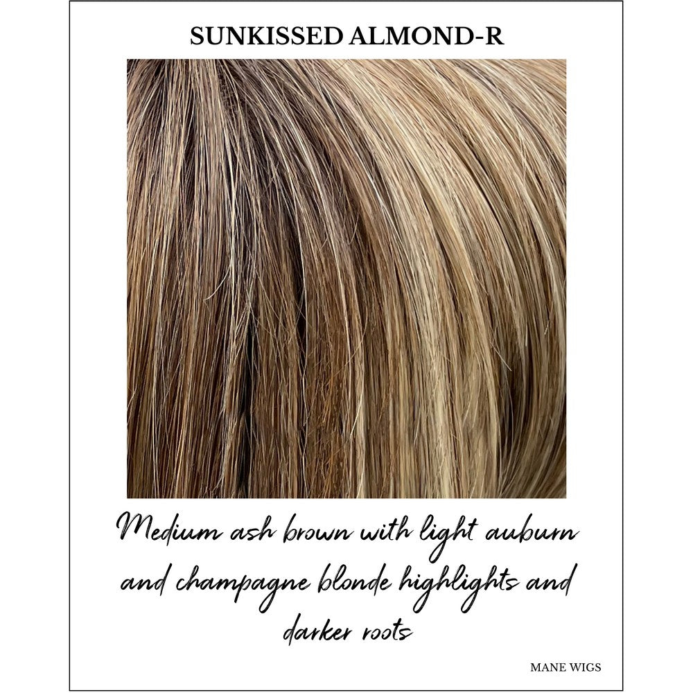 Sunkissed Almond-R-Medium ash brown with light auburn and champagne blonde highlights and darker roots