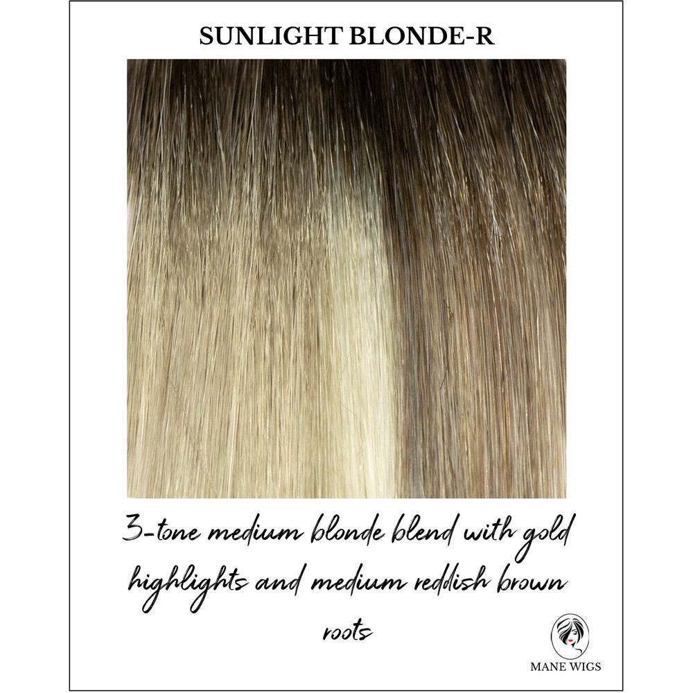 Sunlight Blonde-R-3-tone medium blonde blend with gold highlights and medium reddish brown roots