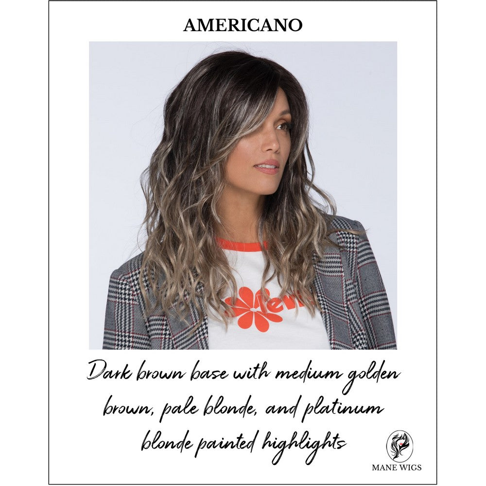 Verona wig by Estetica in AMERICANO-Dark brown base with medium golden brown, pale blonde, and platinum blonde painted highlights