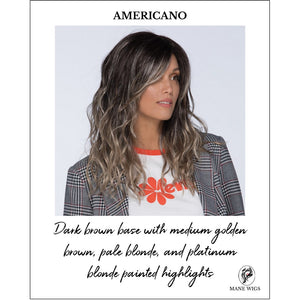 Verona wig by Estetica in AMERICANO-Dark brown base with medium golden brown, pale blonde, and platinum blonde painted highlights