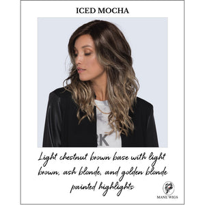 Verona wig by Estetica in ICED MOCHA-Light chestnut brown base with light brown, ash blonde, and golden blonde painted highlights