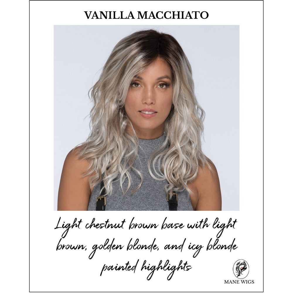 Verona wig by Estetica in VANILLA MACCHIATO-Light chestnut brown base with light brown, golden blonde, and icy blonde painted highlights