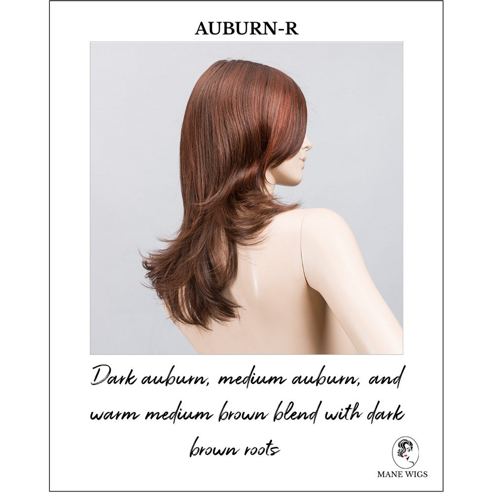 Voice wig by Ellen Wille in Auburn-R-Dark auburn, medium auburn, and warm medium brown blend with dark brown roots