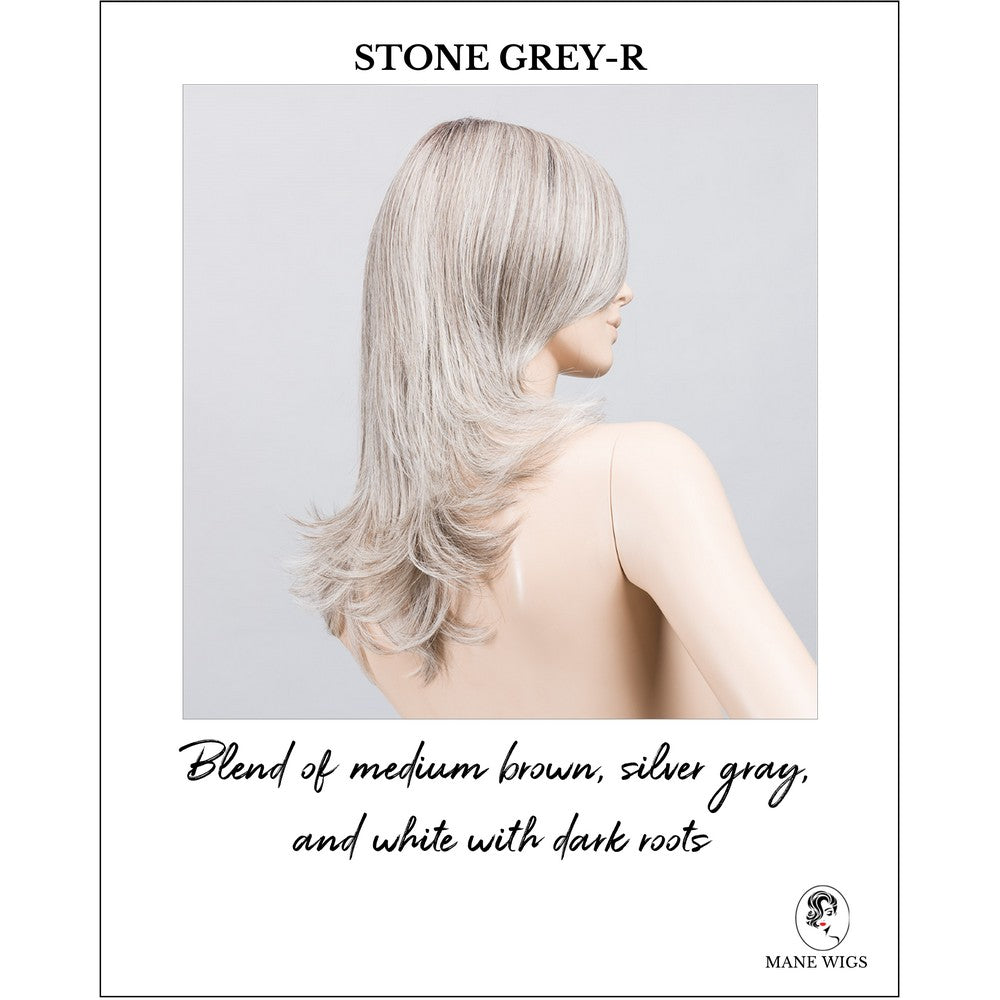 Voice wig by Ellen Wille in Stone Grey-R-Blend of medium brown, silver gray, and white with dark roots