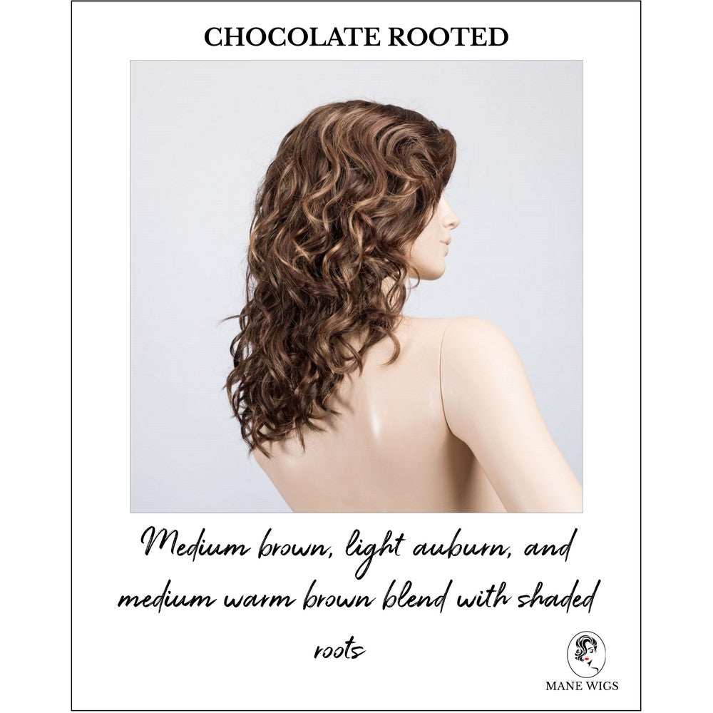Wanted in Chocolate Rooted-Medium brown, light auburn, and medium warm brown blend with shaded roots