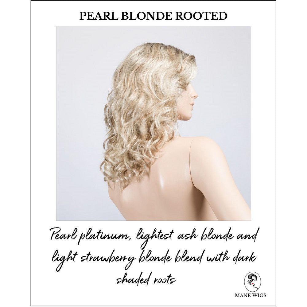 Wanted in Pearl Blonde Rooted-Pearl platinum, lightest ash blonde and light strawberry blonde blend with dark shaded roots