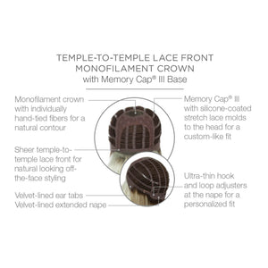 Temple to temple lace front monofilament crown with Memory Cap III Base