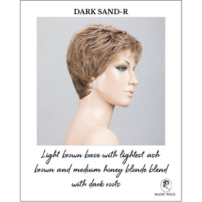 Yoko wig by Ellen Wille in Dark Sand-R-Light brown base with lightest ash brown and medium honey blonde blend with dark roots